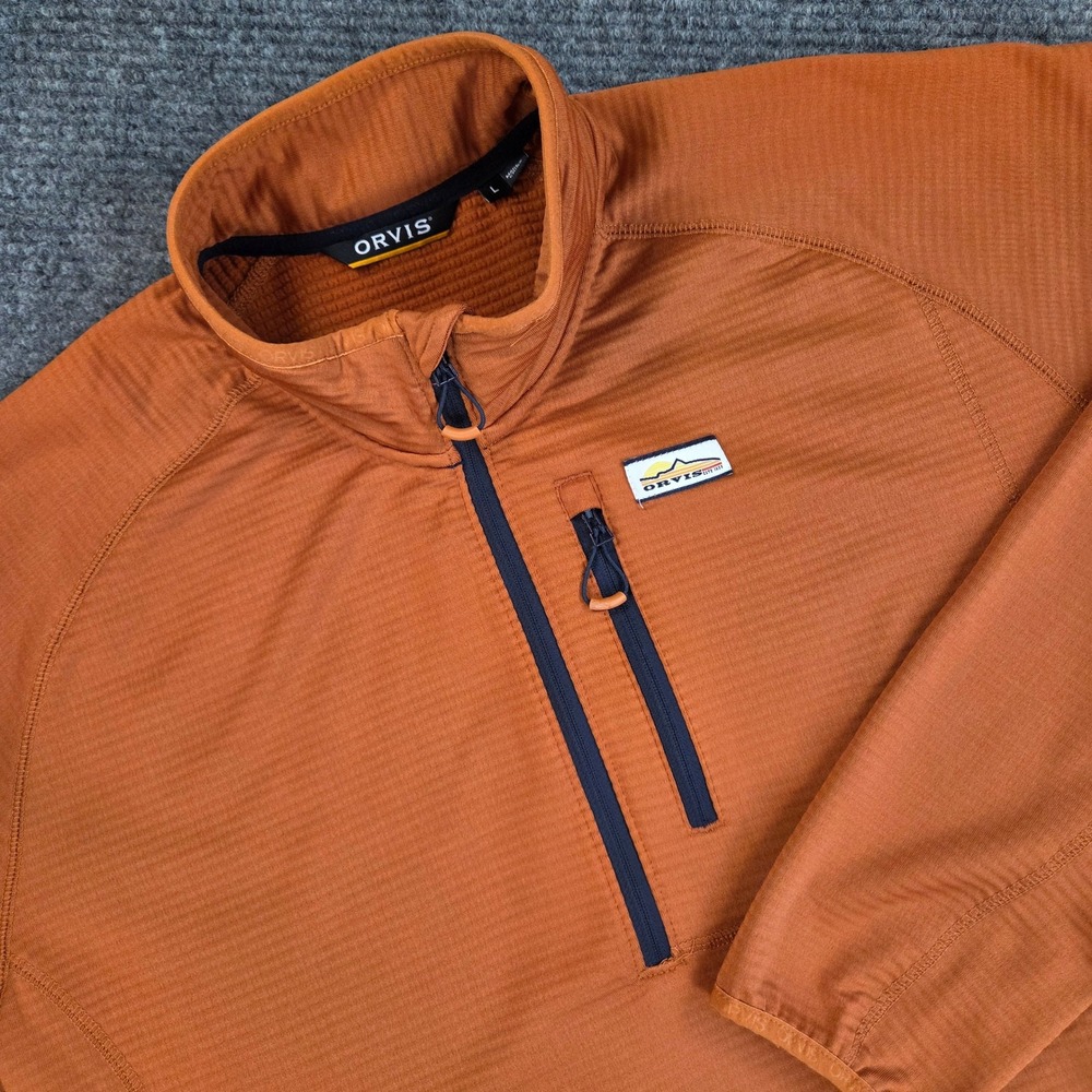 Orvis Mens Large Quarter Zip Grid Fleece Pullover Rust Orange Chest Pocket